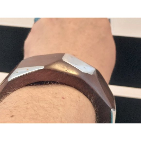 Vtg  Statement Artisan Studio Modernist Wood Metal Bangle bracelet chunky 1.5" - Picture 6 of 8